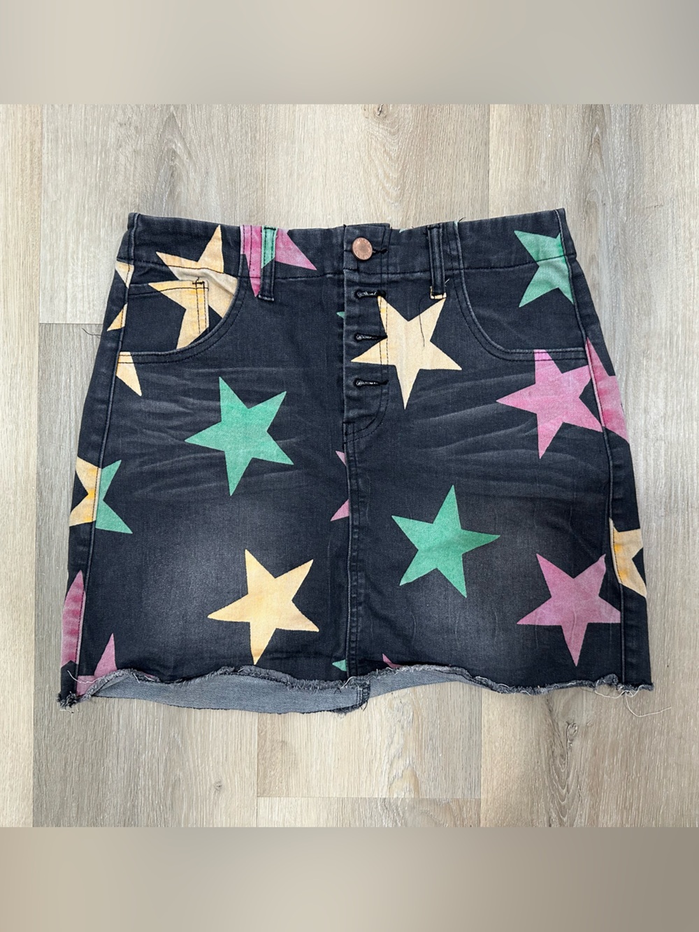 Black Star-Print Mini Skirt with Frayed Hem Mardi Gras New Orleans Medium Denim